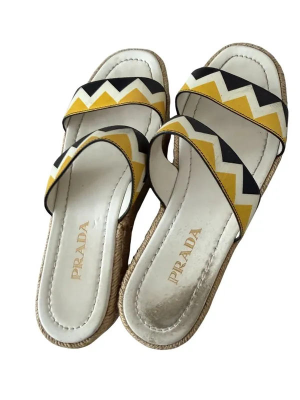 PRADA Zig Zag Beige Yellow Leather Platform Espadrilles Sandals Size 37.5 US 7.5 - Image 5