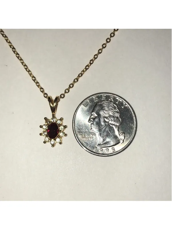 Gold Tone Vintage Red Rhinestone Dainty Pendant Necklace - Image 4