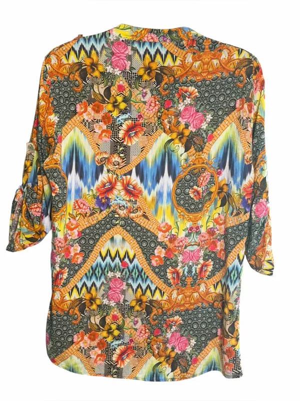 Brazilian 100% Viscose Mixed Print Boho Art Blouse Floral Eclectic L Dopamine - Image 4