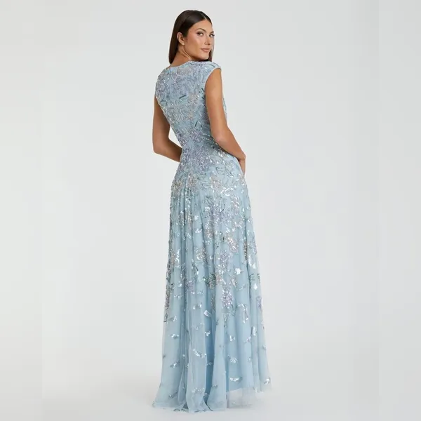 MAC DUGGAL 5647 Blue Sequined High Neck Cap Sleeve A Line Gown - Image 8