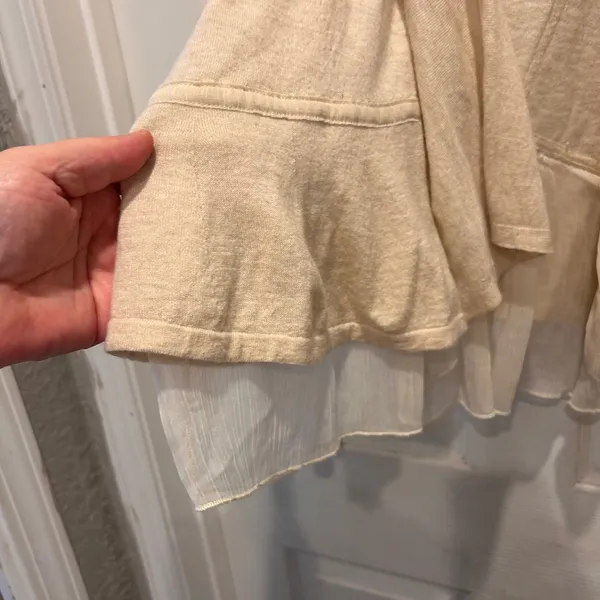 Angel of the North Beige Knit Cardigan‎ Sheer Ruffle Trim Open Front Women's L - Image 5