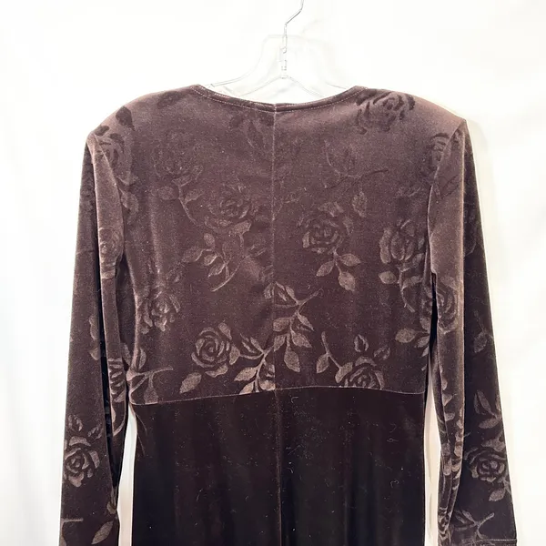 VTG Dress Brown Velvet Burnout Sz 12 Rose Print‎ A-Line Y2K 90s Long Sleeve 1590 - Image 9