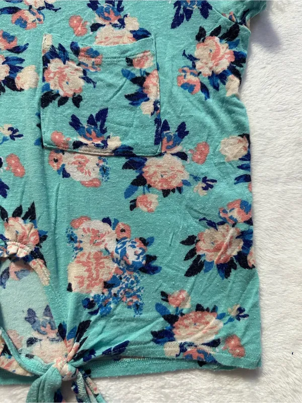 Charlotte Russe Floral Tie Front Crop Top in Blue Size Small Short Sleeve - Image 6