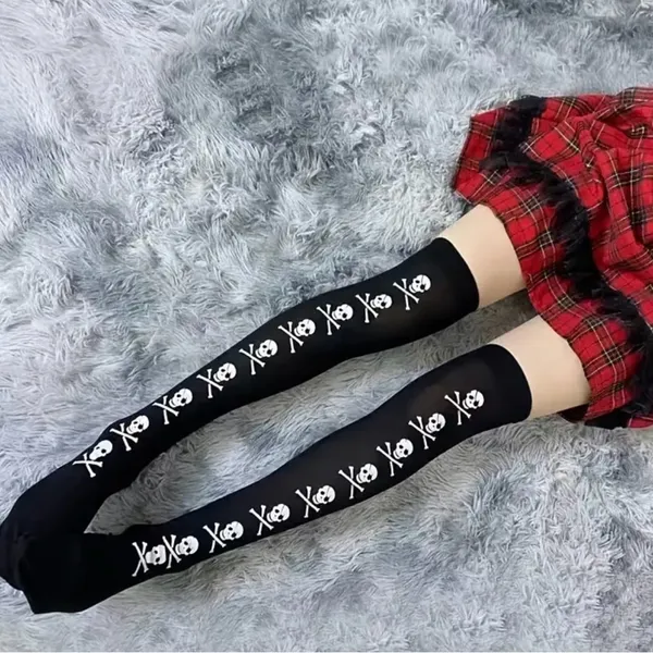 Skull Print Thigh High Socks, Cosplay Over The Knee Socks One‎ Size - Image 3
