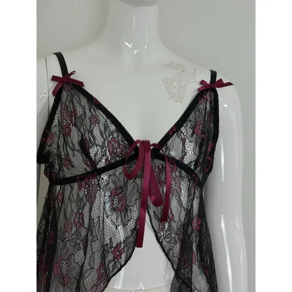 Women’s Whimsigoth Sleep Top Black Lace Babydoll Bows Floral Fairy Size XL - Image 4