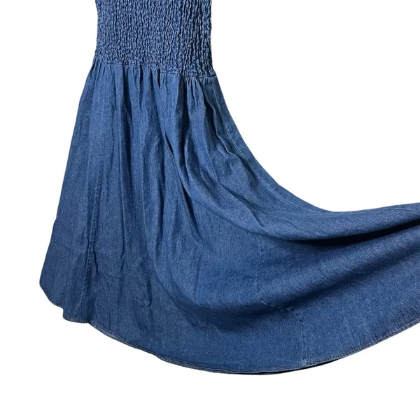 Vintage 90s Smocked Puff Sleeve Drop Waist Pleated Denim Maxi Dress - Image 5