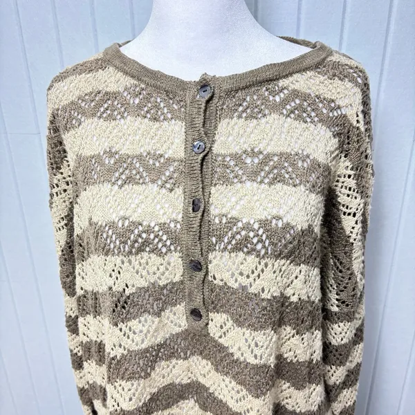 Peruvian Connection Vintage‎ Crochet knit Brown and Cream Striped Sweater Size L - Image 3