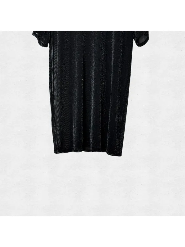 Sheer Mesh Metallic Black Midi Dress Large Glitter Beach Swim Cover Up Goth Alt - Image 3
