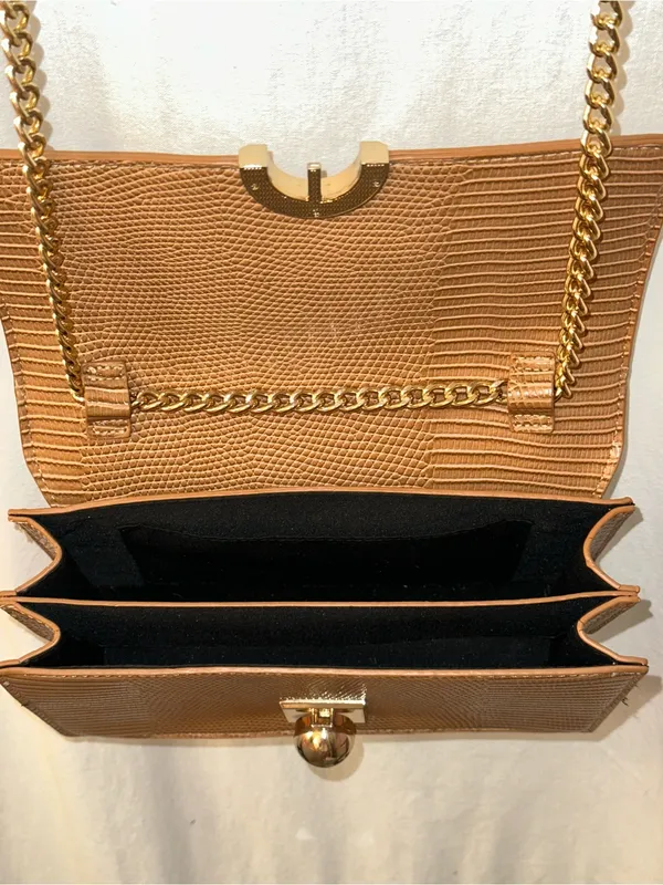 ASOS Brown Faux Leather/Crocodile Crossbody Bag with Gold Chain Strap - Image 4