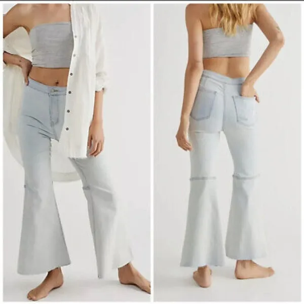 Free People We The Free Women Jeans Sz‎ 30 Light Wash Youthquake Crop Wide Flare - Image 2