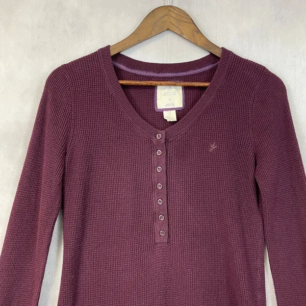 Y2K Aerie Waffle Knit Henley Top Women Large Cozy Stretch Bella Elena‎ Grunge - Image 3