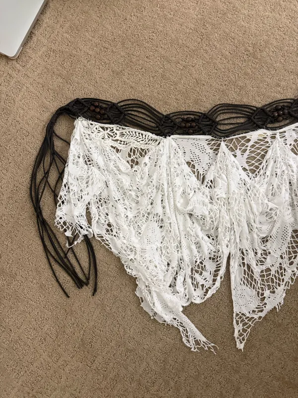 White Crochet Lace coverup with Brown Fringe Waistband - Image 3