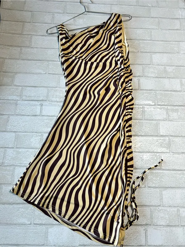 White Fox One-Shoulder Zebra Stripe Mini Dress in Cream and Brown - Image 3
