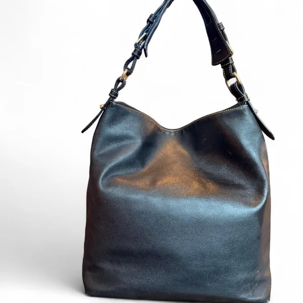 Dooney & Bourke Large Black Leather Shoulder Bag Gold Tone Hardware Hobo Tote - Image 2