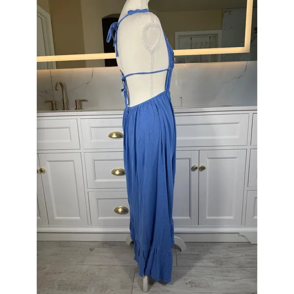 Blue Maxi Dress Womens XS Open Back Smocked Tie Ruffle Hem Boho Vacation Resort - Image 8