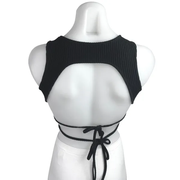 White Fox Women's Black Rib Knit Sleeveless Backless Tie Back Crop Tank Top Sz S - Image 2