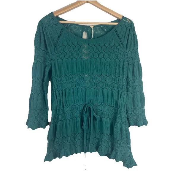 Free People Fire Island Blouse‎ Crochet Top 3/4 Sleeve Knit Green size M Boho - Image 3
