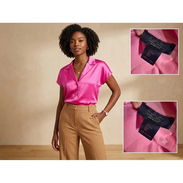 Rachel Rachel Roy‎ Hot Pink Satin Button Down Short Sleeve Blouse Large Fuchsia - Image 2
