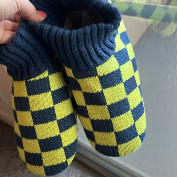 NWT Free People Sleepover Bootie Slippers checker blue/yellow, faux fur interior - Image 6