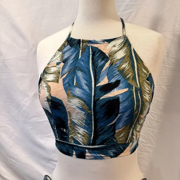 Lulus Back to Your Roots Teal Blue Leaf Print Two-Piece Maxi Dress Top - Image 3