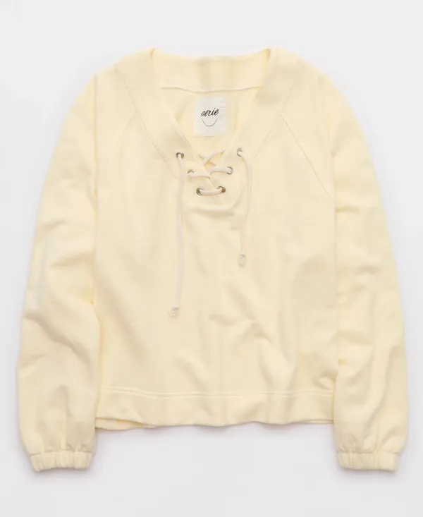 Aerie Lace Up Sweatshirt in Natural Yellow - Small - Image 4