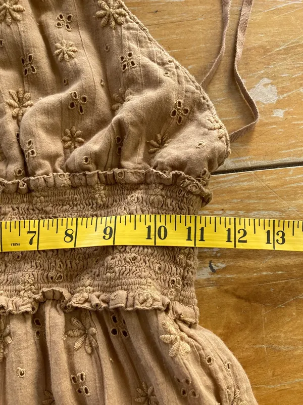 Aerie Spring Fling Cotton Smocked Crossover Halter Eyelet Mini Brown Dress XS - Image 5