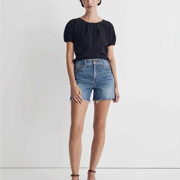 Madewell Embroidered Poplin Puff-Sleeve Cutout Crop Top in True Black NWT - Image 3