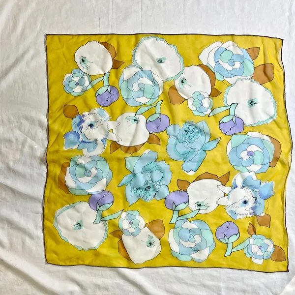 vintage yellow blue white floral scarf square poly chiffon - Image 9