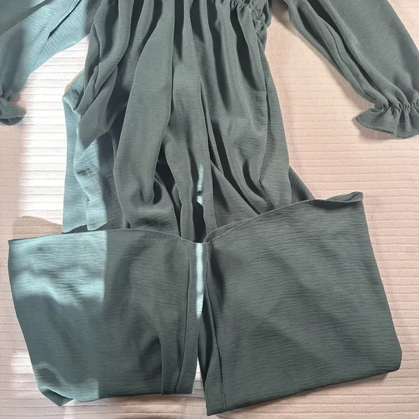 Honeyme Women’s Medium Green Wide Leg Jumpsuit Long Sleeve Elastic Waist Boho - Image 2
