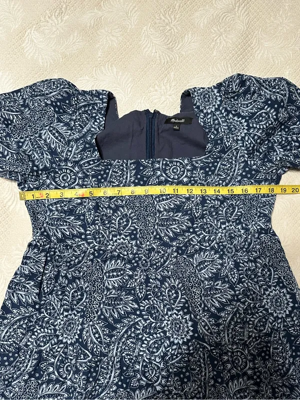 Madewell Blue Paisley Cotton Mini Dress Puff Sleeve Square Neck Size 8 boho - Image 6