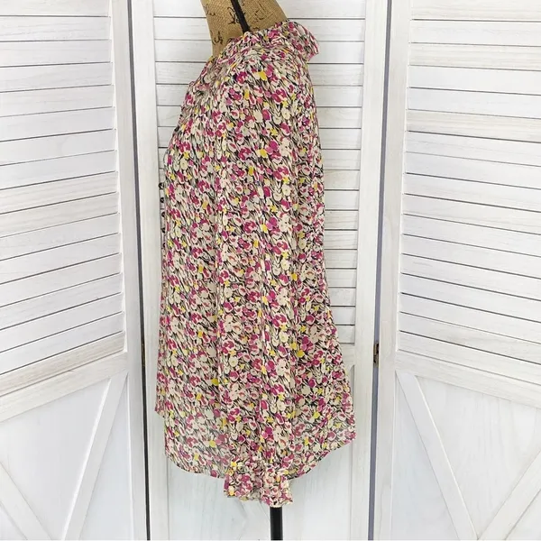 Loft Ann Taylor Ruffle Trim Tie Neck Floral‎ Chiffon Blouse Large Beige Pink - Image 2