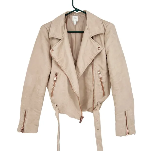LC Lauren Conrad Faux Suede Moto Biker Jacket Rose Gold Belted Blush Pink 10 - Image 2