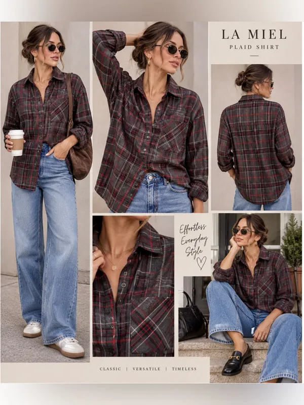La Miel Plaid Oversized Shirt Gray Red Button Front Long Sleeve Top Small NWT - Image 2
