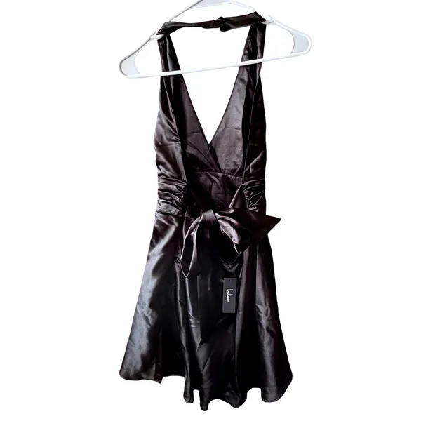 NWT Lulus‎ Darcey Tie Back Mini Dress Black Satin Halter Open Back Skater Medium - Image 7