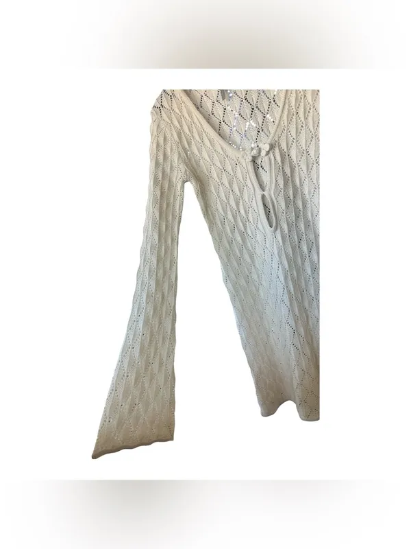Streetwear Society Crochet Knit Mini Dress Beige Bell Sleeve Size L - Image 5