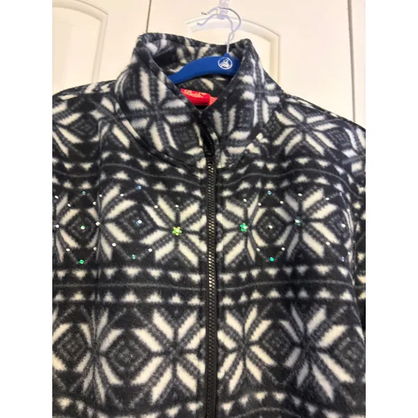 Womens XL Fleece Jacket Black‎ White Snowflake Zip Up Rhinestone Sparkle - Image 2
