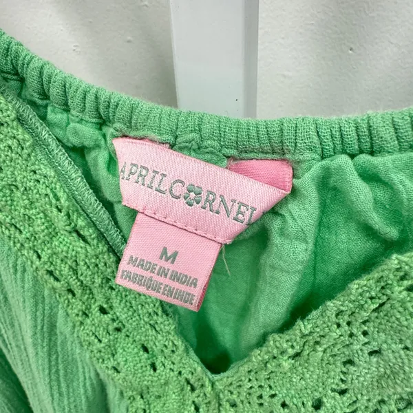 April Cornell Gauze Crochet Lace Trim Tiered Midi Dress Cotton‎ Green Women's M - Image 8