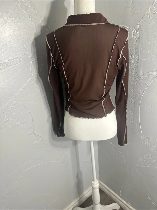Divided Dark Brown Long-Sleeve Button-Down Top with Contrast Seams - Image 8