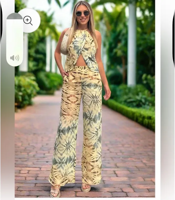Zara Tie-Dye Wide Leg Pants Set - Green & Cream - Image 3