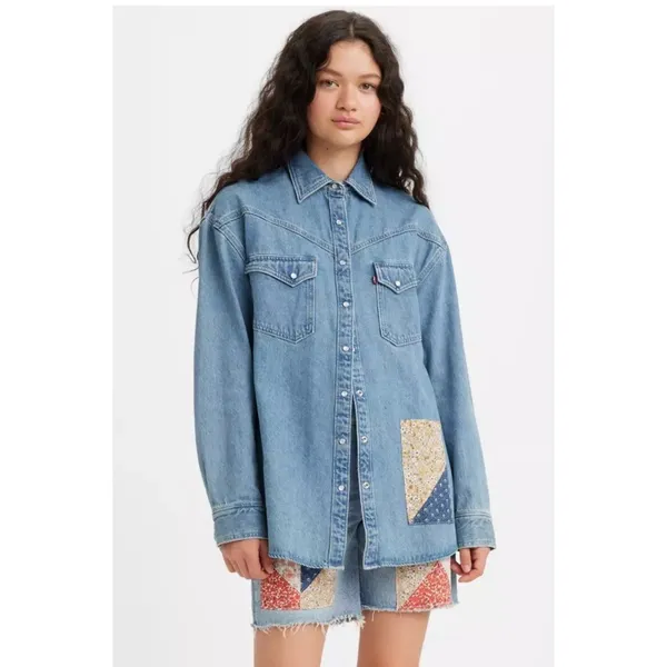 Levi's Premium Dorsey Patchwork Western Shirt Sm Pearl Snaps NWT Oversized Baggy - Image 2