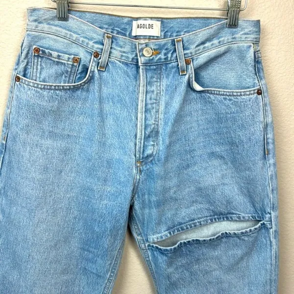 Agolde Lana Slice Jeans Wide/Straight Leg High Rise Light Blue Denim 28 - Image 4