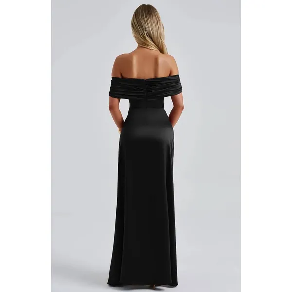 Black Off The Shoulder Ruched Maxi Dress High Slit Formal Gown Small - Image 4