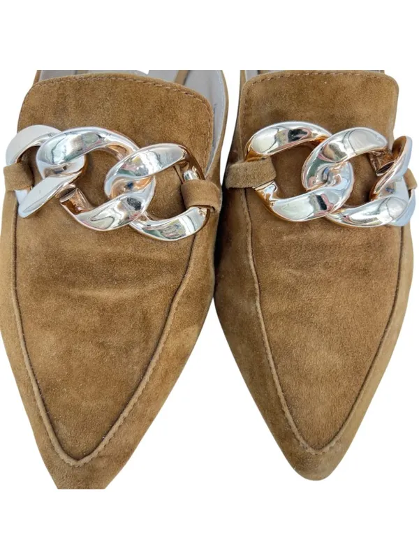 Steve Madden Finn Cognac Suede Chain Detail Pointed Mules Size 8.5 Quiet Luxury - Image 3
