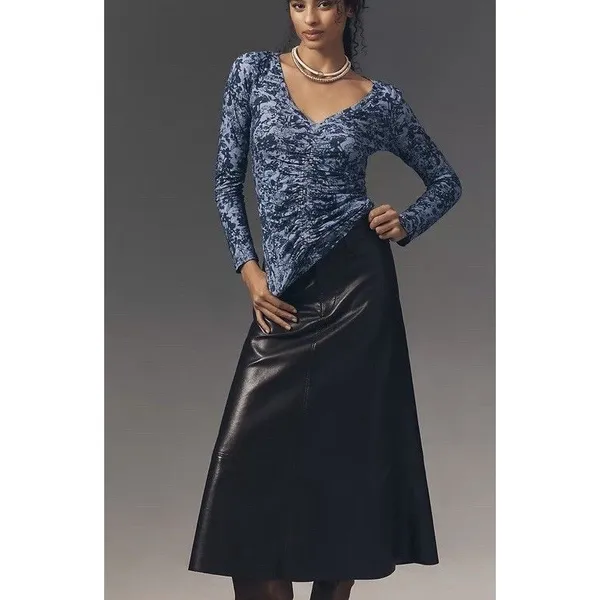 Pilcro Anthropologie Long-Sleeve Cinched V-Neck Top Blue Floral Sz M NEW Classic - Image 3