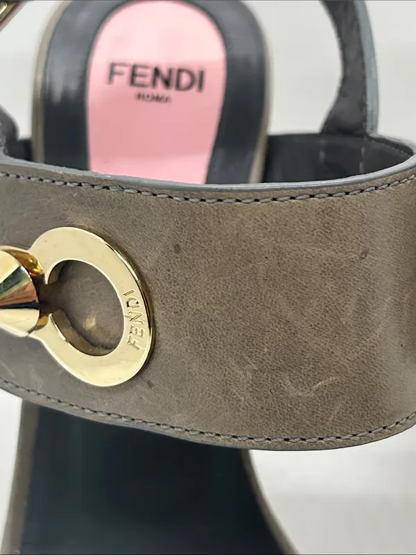 Fendi Auth Taupe Leather Block Heel Slingback Sandals Shoes **Size 37/US 7**🔥🔥 - Image 10