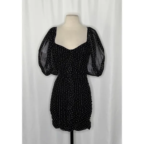 ZARA Chiffon Black Polka Dot Ruched Mini Dress Black Gray Party Blogger‎ Small - Image 2