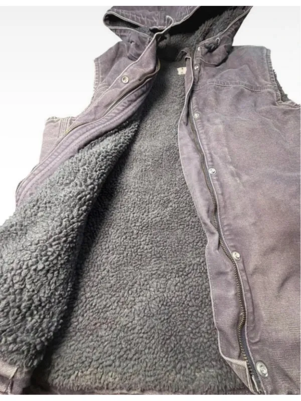 Vtg Women's Carhartt Hooded Vest Large Faded Purple Grey Sherpa Lined Canvas - Image 4