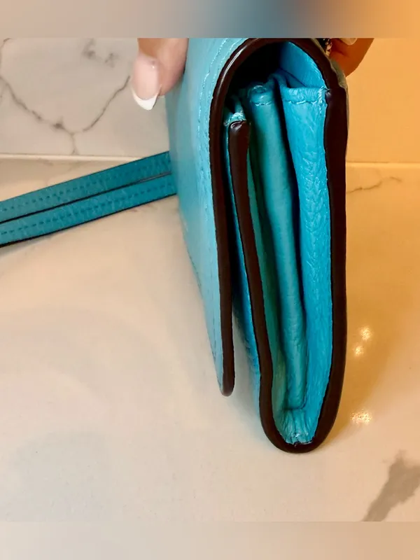Coach Foldover Crossbody Wallet Bag Robin's Egg Blue Pebbled Leather - Image 11