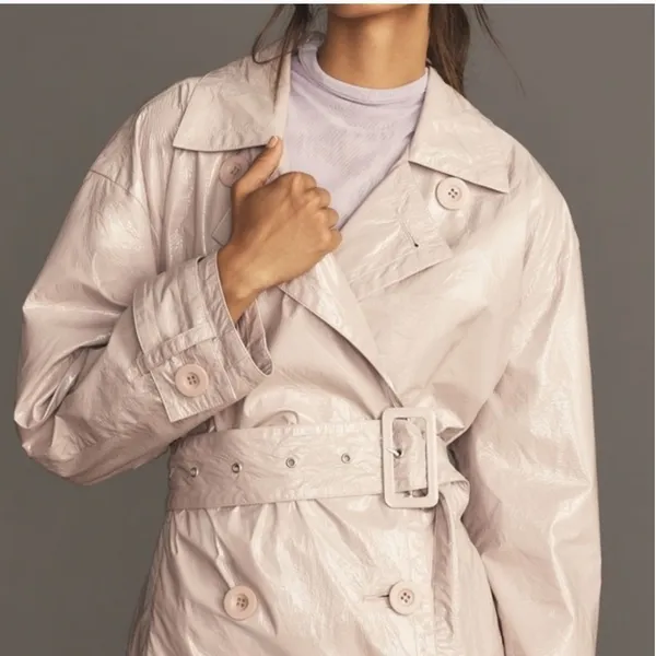 Maeve Anthropologie Lilac Lavender Faux Patent Leather Glossy Trench‎ Coat Large - Image 5