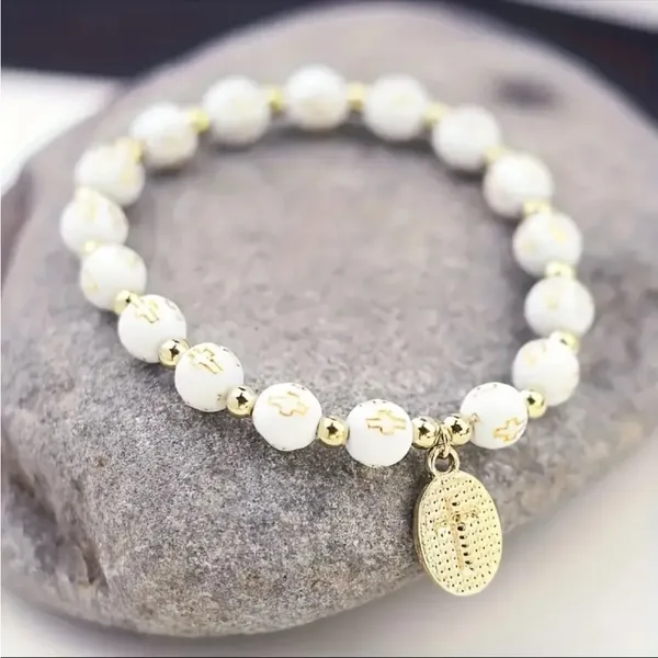 White Stylish Elastic Beaded Cross Charm Bracelet‎ Enamel Oval Cross Beaded - Image 4